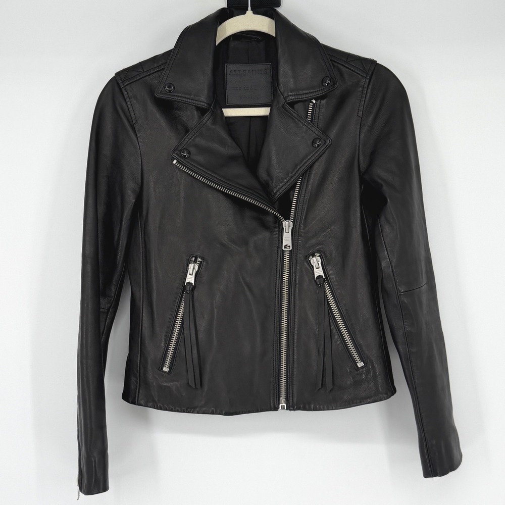 AllSaints‎ Balfern Black Leather Biker Jacket Womens US 4 UK 8 Moto Zip Coat